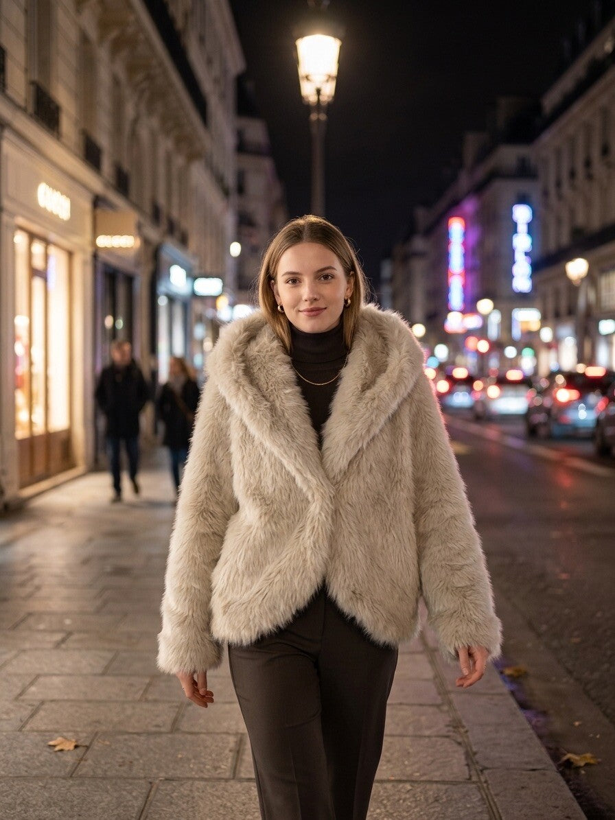 Manteau fausse fourrure à capuche blanc