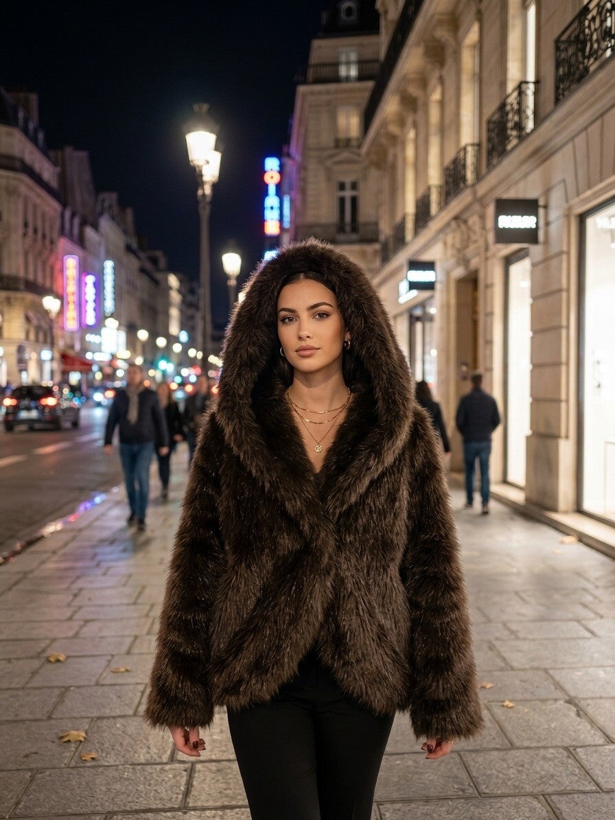 Manteau fausse fourrure à capuche café