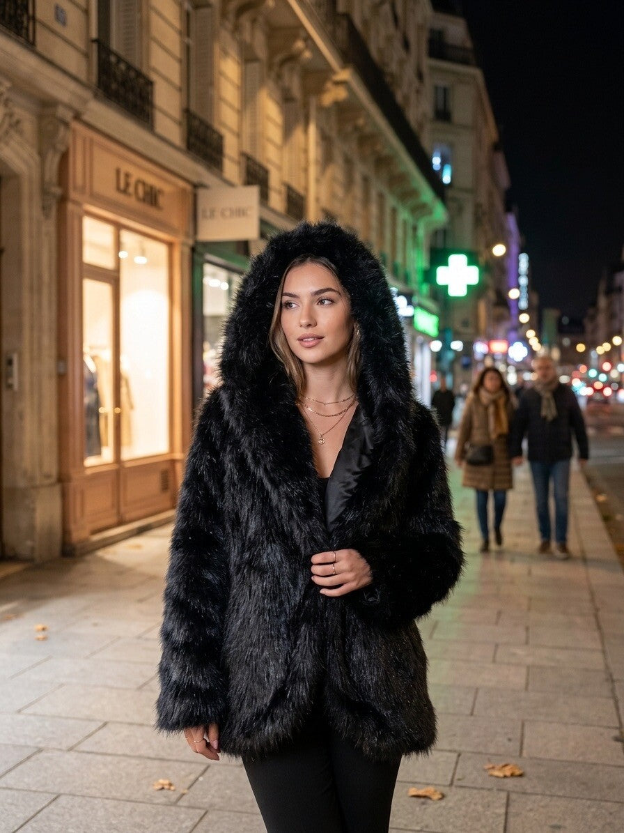 Manteau fausse fourrure à capuche noir