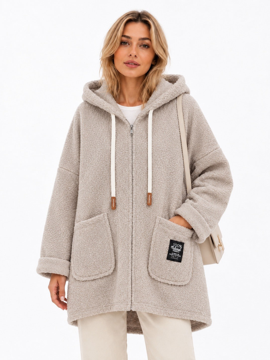 Veste longue effet mouton beige