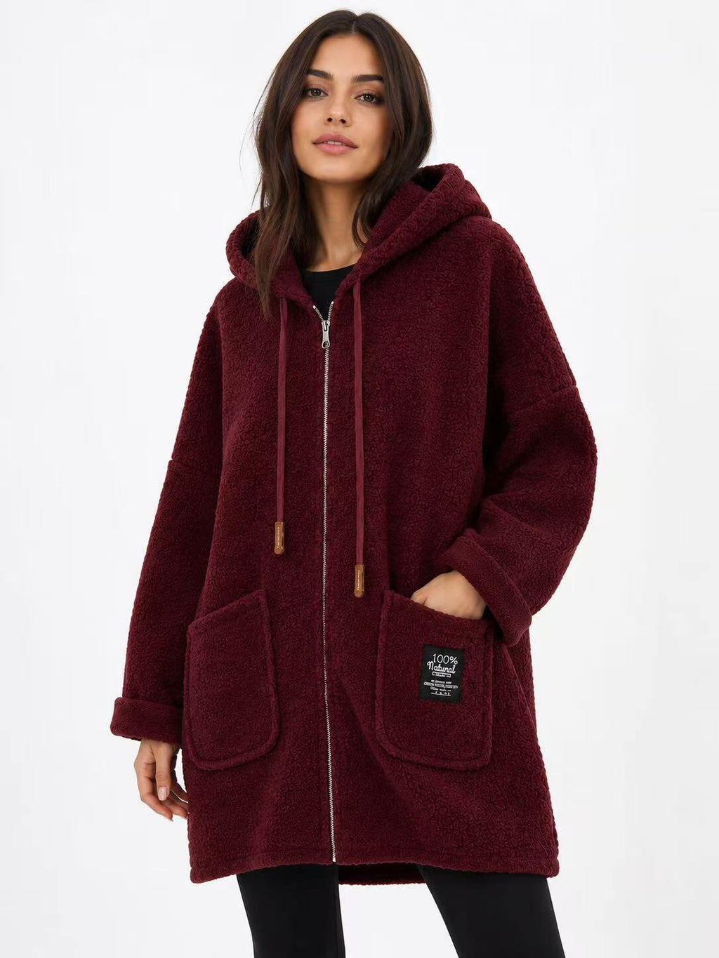 Veste longue effet mouton bordeaux