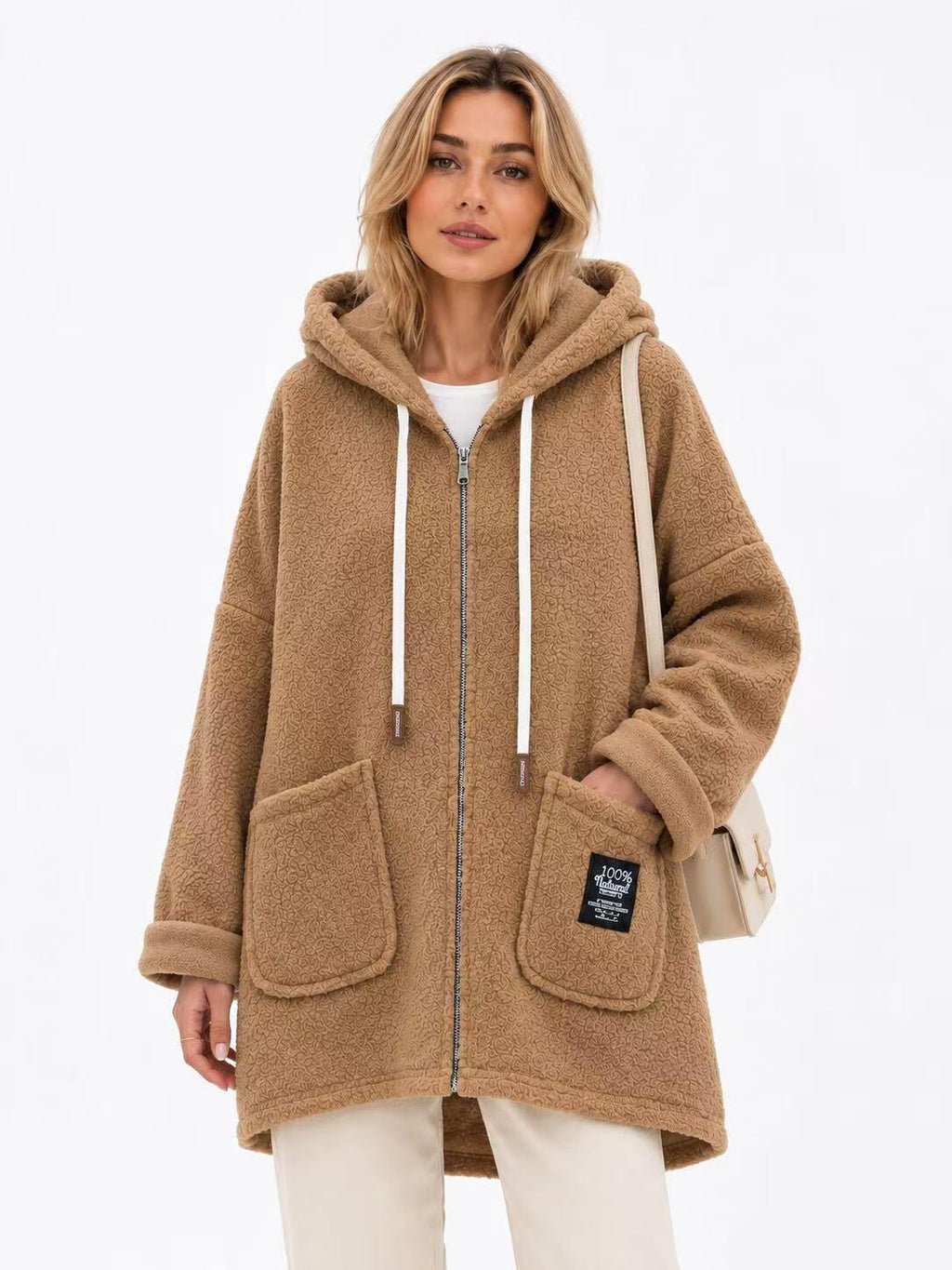 Veste longue effet mouton camel