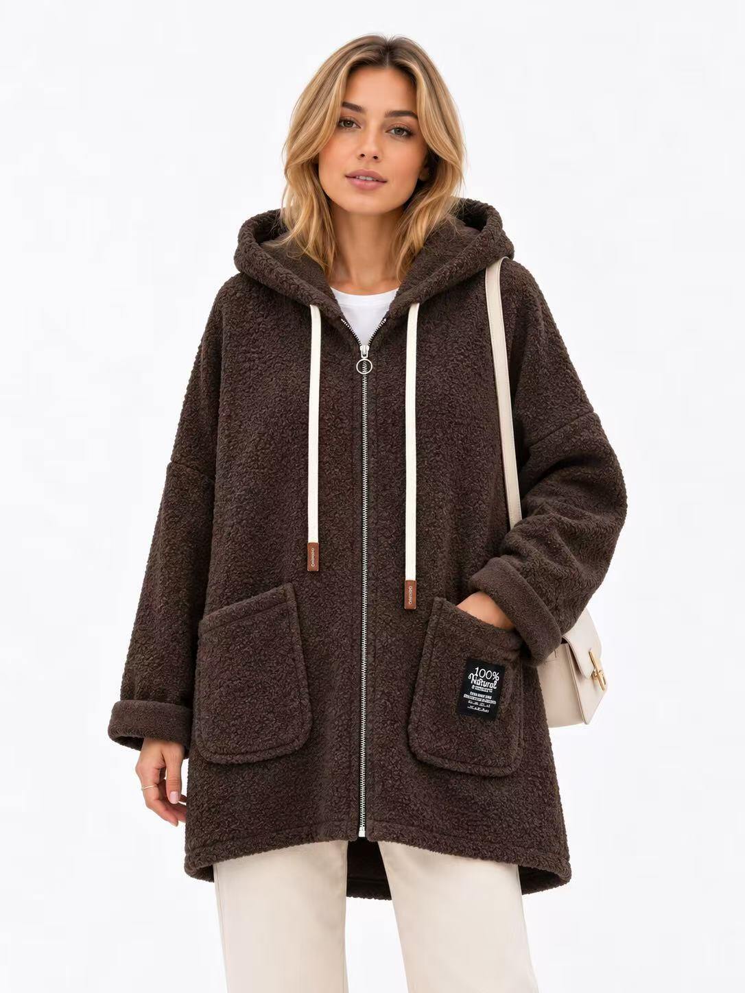 Veste longue effet mouton marron foncé